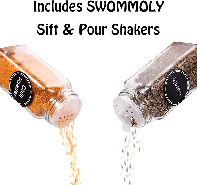 SWOMMOLY Spice Rack Organizer with 18 Empty Square Spice Jars, 396 Spice Labels with Chalk Marker and Funnel Complete Set, Spice Organizer for Countertop, Cabinet or Wall Mount, Black