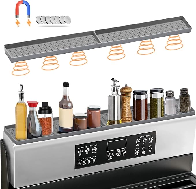 BFONS 30" Magnetic Stove Top Shelf Spice Rack Storage, Silicone Top Heat Material Stove Rack Shelf Flexible Seasoning Organizer Kitchen Shelves Gadgets with 2 Functional Prtitions for Kitchen (Grey)-NeatNest