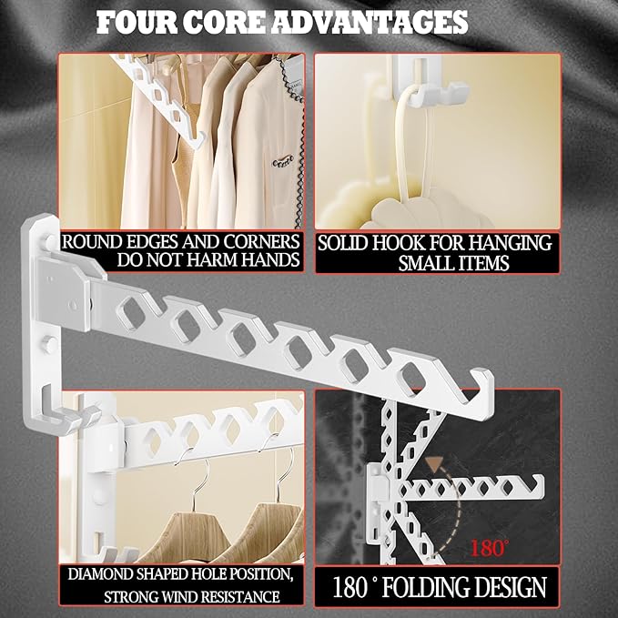 Dr.DJ Wall Mount Coat Hanger Holder White Clothes Drying Organizer Rack Garment Hooks Aluminium Retractable Folding Indoor Wall Mounted Hanger Space Saver for Laundry Room Bedroom White 2Pack-NeatNest
