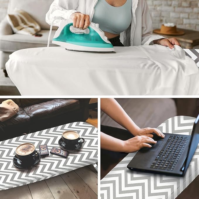 Folding Ironing Board for Small Space, RAINHOL Mini Collapsible Ironing Boards, with Hook, Iron Rest, Heat-Resistant 100% Cotton Cover and Pad, Gray and White Stripes, 31" x 12", Steel Mesh