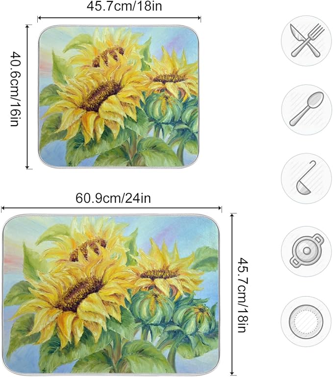Absorbent Dish Drying Mat for Kitchen Counter - Oil Painting Sunflower Microfiber Drying Pad, Reversible Drainer Mats for Countertop, Small 16" x 18"