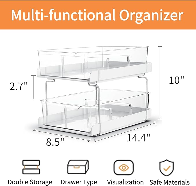 vacane 2 Tier Multi-Purpose Cabinet Organizer, Under Sink Organizers and Storage Stackable Pantry Organization with Dividers Storage Container for Vanity Makeup,Bathroom,Kitchen, Short