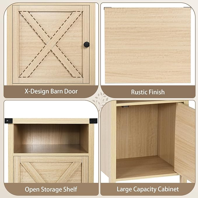 Farmhouse End Table, Nightstand, End Tables with Barn Door and Shelf, Modern Bed Side Table Rustic Nightstands Set for Bedroom, Living Room, Set of 2, Natural