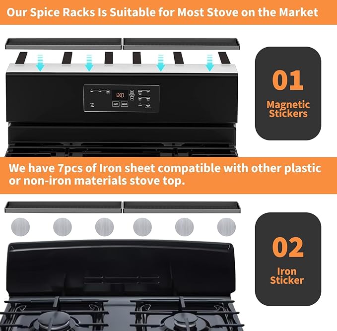 BFONS 30" Magnetic Stove Top Shelf Spice Rack Storage, Silicone Top Heat Material Stove Rack Shelf Flexible Seasoning Organizer Kitchen Shelves Gadgets with 2 Functional Prtitions for Kitchen (Grey)-NeatNest