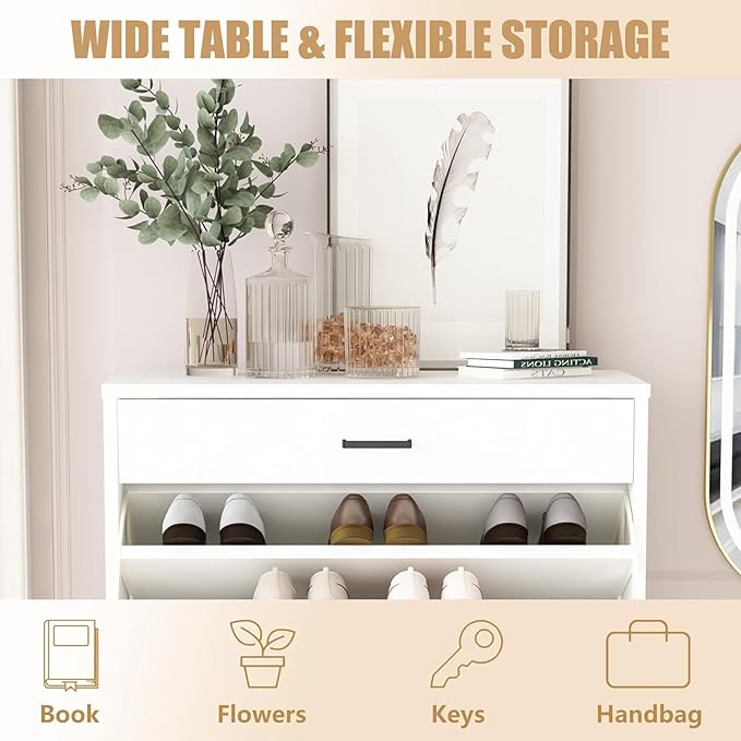 AWQM Shoe Storage Cabinet for Entryway, Free Standing Shoe Organizer with 2 Flip Drawers,Hidden Shoe Rack Storage Organizer for Doorway Hallway (White)-NeatNest