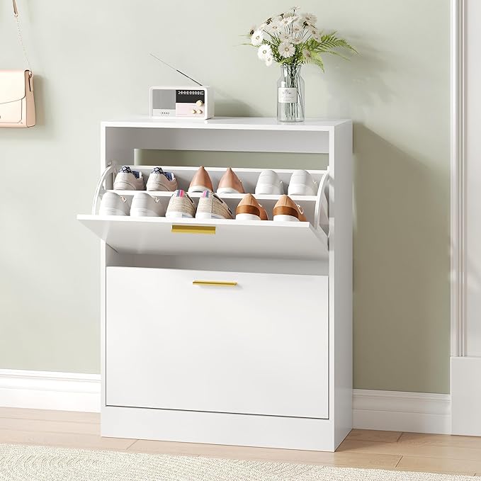 Shoe Cabinet with 2 Flip Drawers, White Shoe Cabinet Storage for Entryway, Modern Shoe Organizer Wood, Freestanding Small Thin Shoe Racks with Doors, White-NeatNest