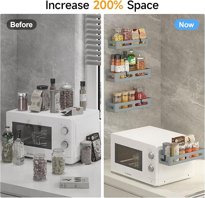 4 Pack Magnetic Spice Rack for Refrigerator, Spice Rack Organizer, Moveable Magnetic Shelf Fridge Organizer with 4 Hooks for Kitchen and Oven Organization, Grey