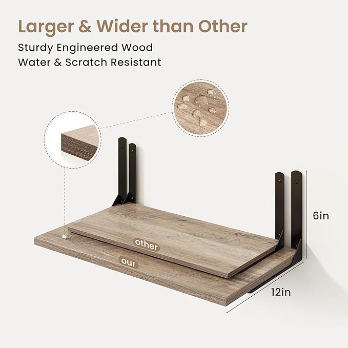 Fun Memories Floating Shelves for Wall, 12 Inch Deep Floating Shelves Set of 2, Wall Mounted Shelf with Metal Brackets, Rustic Wood Wide Shelf for Bathroom, Kitchen and Living Room, Grey, 24W x 12D-NeatNest