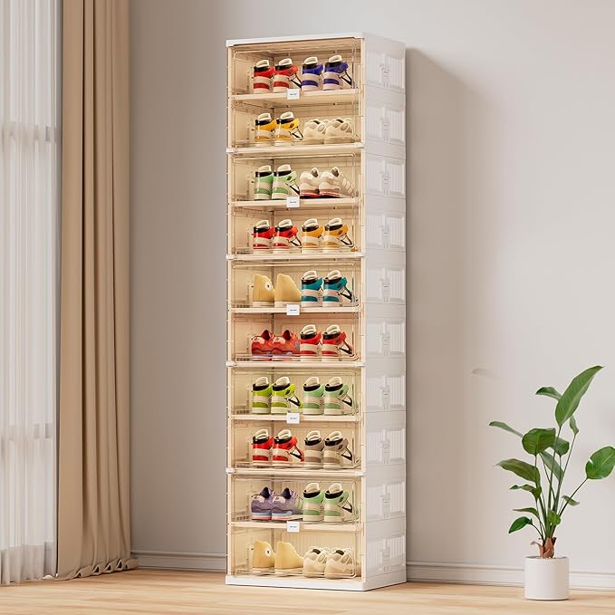 JEKO&JEKO 10 Tiers Foldable Shoe Rack Organizer Cabinet for Closet Entryway, Large Collapsible Shoe Storage Box with Magnetic Doors (White)-NeatNest