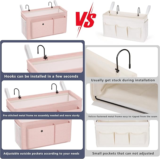 Bedside Caddy Bedside Organizer with Fixed Straps & Water Bottle Holder, Bunk Bed Caddy ideal for Home, Dorm, Hospital, Crib, Versatile Bedside Storage Solution (Pink 2pcs)-NeatNest