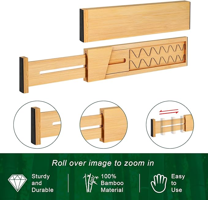 4 Pack Bamboo Drawer Dividers, Adjustable Length from 12 Inch to 17 Inch, Expandable Kitchen Drawer Organizer, Drawer Organization Separators for Clothes, Kitchen, Bedroom, Dresser, Office (Beige)-NeatNest