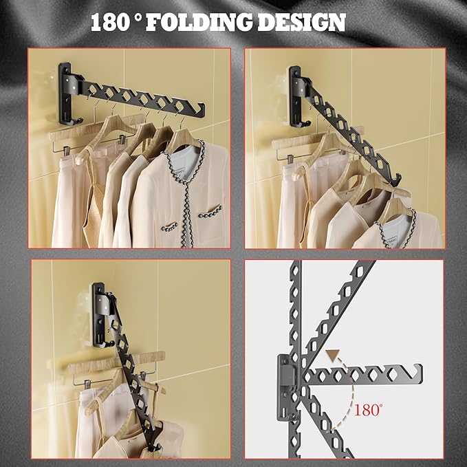 Dr.DJ Wall Mount Coat Hanger Holder Black Clothes Drying Organizer Rack Garment Hooks Aluminium Retractable Folding Indoor Wall Mounted Hanger for Laundry Room Bedroom Black 2Pack with 80cm Rod-NeatNest