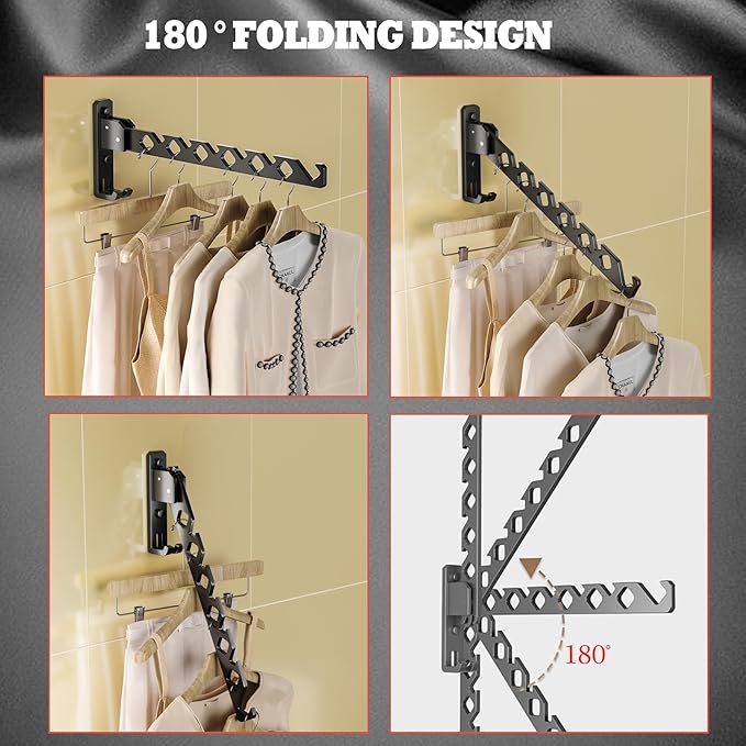 Dr.DJ Wall Mount Coat Hanger Holder Black Clothes Drying Organizer Rack Garment Hooks Aluminium Retractable Folding Indoor Wall Mounted Hanger Space Saver for Laundry Room Bedroom Black 2Pack-NeatNest