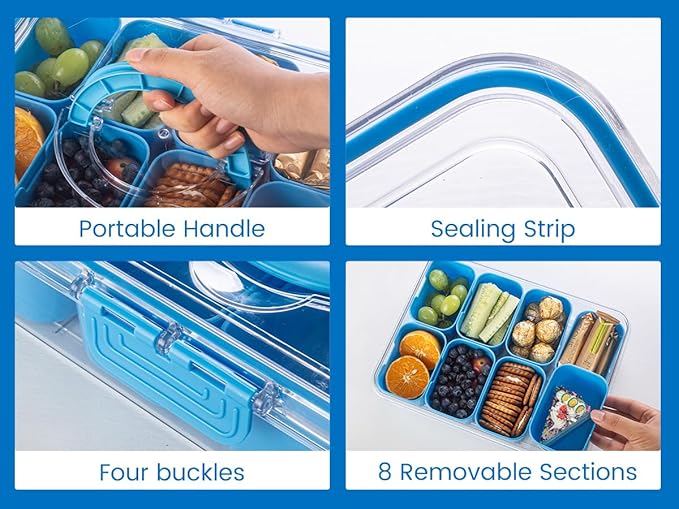 Divided Serving Tray with Lid and Handle - Snackle Box Charcuterie Container for Portable Snack Platters Organizer for Candy, Fruits, Nuts, Snacks - Perfect for Party, Entertaining, Cerulean-NeatNest