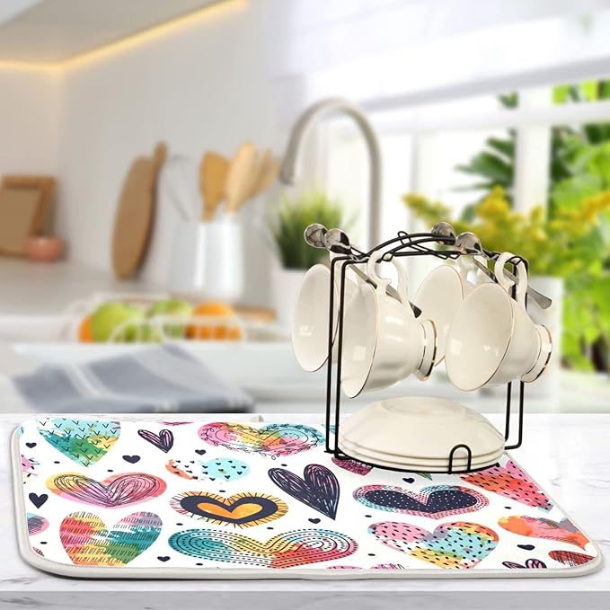 Absorbent Dish Drying Mat for Kitchen Counter - Cute Hearts Colorful Microfiber Drying Pad, Reversible Drainer Mats for Countertop, Small 16" x 18"