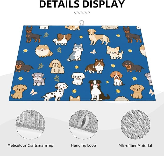 Cute Puppy Dog Dish Drying Mat 18 x 24 Inch for Kitchen Counter Cute Kitchen Mat Microfiber Kitchen Countertop Absorbent Reversible Drainer Rack Pad Dish Drying Mat-NeatNest