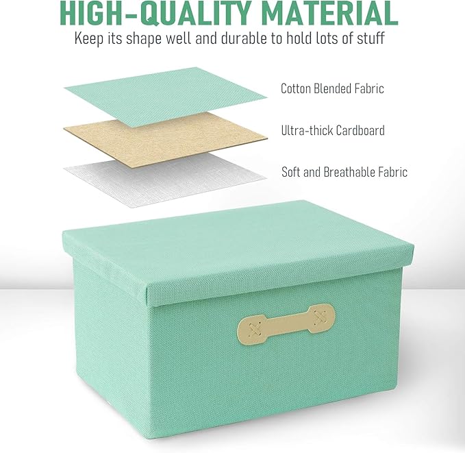Enzk&Unity Decorative Storage Bins with Lids, Fabric Linen Foldable Storage Box with Handle Home Organizer for Shelf, Closet, Bedroom, Living Room, Office, 3 Packs, Teal-NeatNest