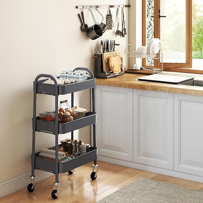 Sekey 3 Tier Rolling Cart Metal, NO Screws Assemble Utility Cart on Wheels, Heavy Duty Storage Cart with Lockable Wheels for Baby Nursery, Bathroom, Kitchen, Laundry Room, Gray