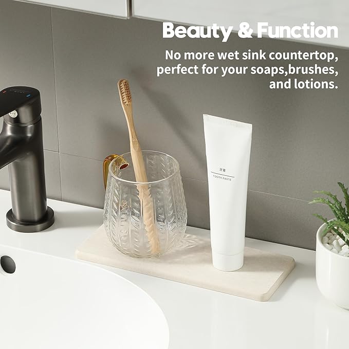 2PCS Bathroom Sink Vanity Trays, Water Absorbing Diatomite Stone Quick Drying Mat for Kitchen Counter,Faucet Splash Guard Dish Rack Soap Dispenser Sponge Holder Caddy Organizer,Beige, 9"x3.5"-NeatNest