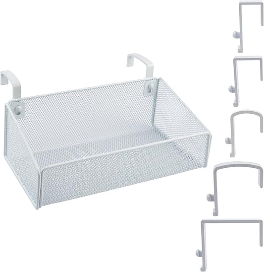 Bedside Shelf for Bed & Bunk Bed Storage Basket Office Cubical Wall Hanging Organizer - 5 Different Size Hooks - College Dorm Home Office Essentials for Phone,Book,Drink,Tissue (White)-NeatNest