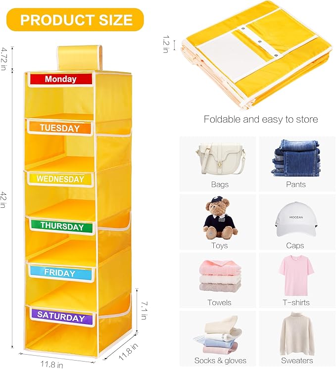 6-Shelf Weekly Closet Hanging Organizer for Kids, YOCOMEY 6-Grid Days of the Week Baby Kids Clothing Organizer Monday through Saturday, Foldable Oxford Cloth Closet Clothes Weekday Storage (New Yellow-NeatNest