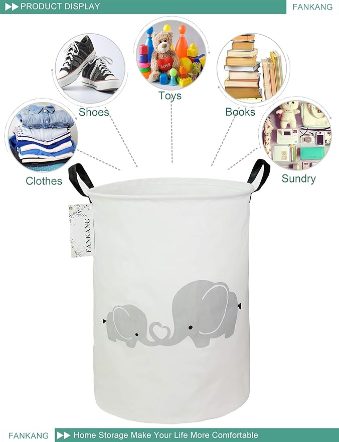 FANKANG Storage Basket, Nursery Hamper Canvas Laundry Basket Foldable with Waterproof PE Coating Large Storage Baskets for Kids Boys and Girls, Office, Bedroom, Clothes,Toys(Love Elephant)