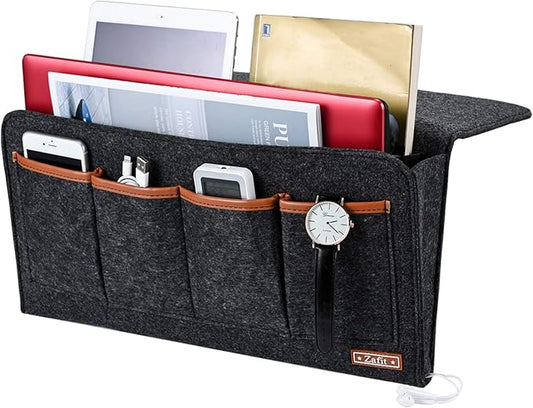 Bedside Caddy, 7 Pockets Large Size Bedside Organizer Caddy for Magazine Remotes Phone (17.3'' x 18.1'', Dark Grey)-NeatNest