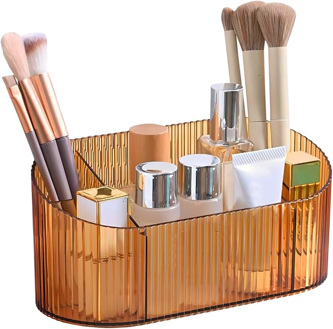 DASITON Large Capacity Makeup Brush Holder,5 Slot Makeup Brush Holder,Vintage striped Make Up Brush Holder,for Vanity Decor,Bathroom Countertops,Desk Storage Container,Cosmetic Display cases(Yelow)-NeatNest