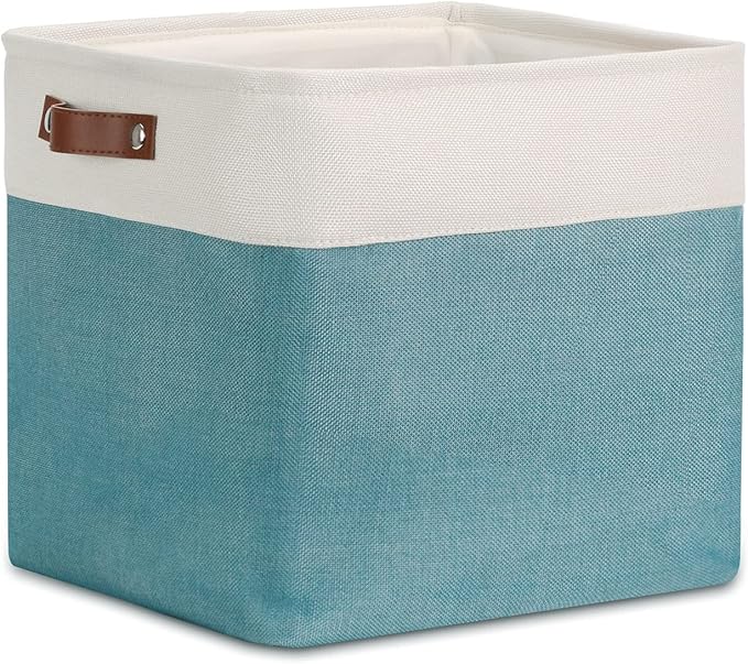 DULLEMELO Cube Basket for Storage, Collapsible Fabric Cube for Organizing, Storage Cube for Closet, Laundry, Nursery, Shelves, Decorative Basket for Gifts Empty (White&Teal)-NeatNest