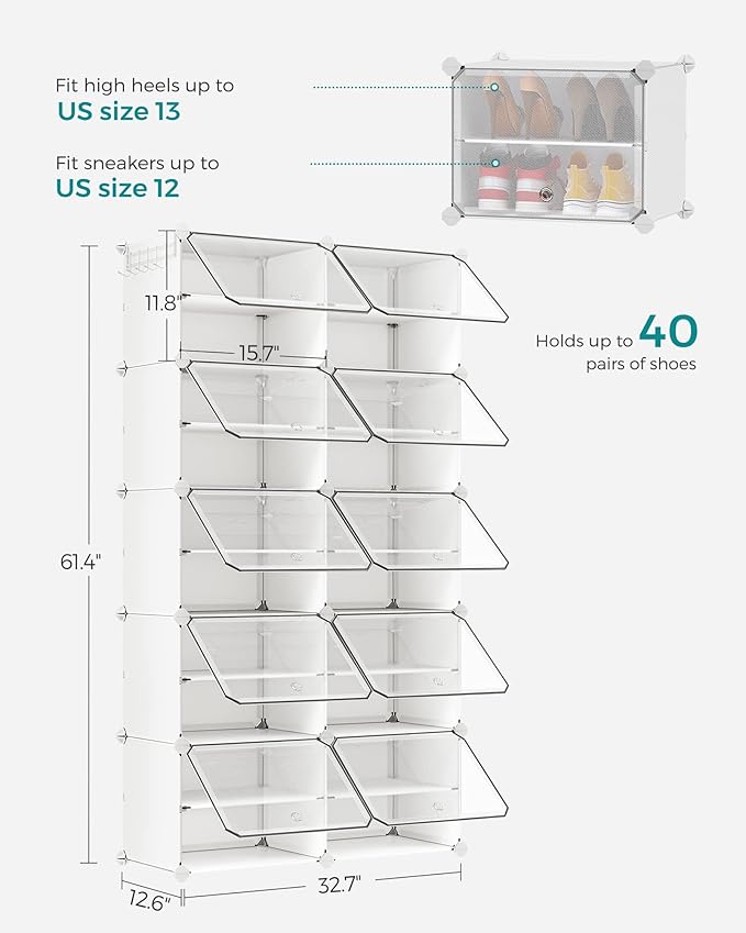 SONGMICS Shoe Rack Organizer, 10-Tier Shoe Storage Cabinet for Closet and Entryway, Holds 40 Pairs of Shoes, Adjustable, White ULPC035W01-NeatNest