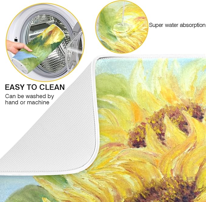 Absorbent Dish Drying Mat for Kitchen Counter - Oil Painting Sunflower Microfiber Drying Pad, Reversible Drainer Mats for Countertop, Small 16" x 18"