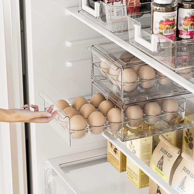 BPA Free Stackable Egg Container - 18 Egg Refrigerator Organizer with 2 Kitchen Hooks, Clear