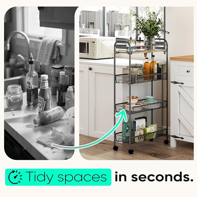 Sekey 4 Tier Rolling Cart Metal, Snap-Together Utility Cart on Wheels, Slim Storage Cart with Universal Wheels for Baby Nursery, Bathroom, Kitchen, Laundry Room, Gray