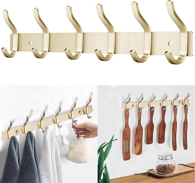 AZW Coat Rack Wall Mount,Heavy Duty Stainless Steel Metal Coat Hooks Hanging for Robes Bags Keys Hat Clothes and Bathroom Door Towels Hanger(Brusshed Brass Gold 6 Hooks)-NeatNest