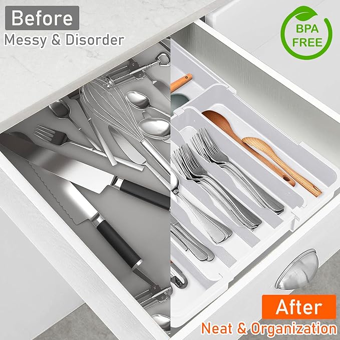 Adjustable Kitchen Utensil Organizer Plastic Silverware Drawer Organizer, Expandable Cutlery Drawer Organizer BPA Free Flatware Tray for Spoons Forks Knives Organizers Divider, White-NeatNest