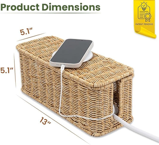 Cable Management Box, Handmade Rattan Cable Organizer, 2 Open Slots Cords Hider Box, Under Desk Cord Organizer for Computer Router USB Hub & Power Strip, Patent Pending, 13" x 5.1" x 5.1", Natural-NeatNest