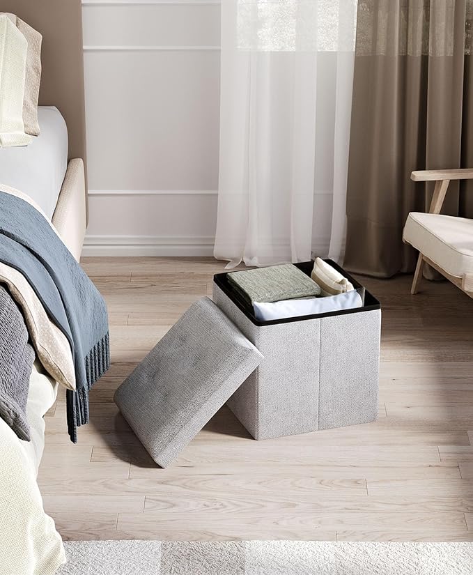 Folding Storage Ottoman Bench, Multi-Functional Ottoman Footrest, End of Bed Bench, Storage Chest for Living Room, Bedroom, Hallway, Entryway, Holds Up to 700 lbs (Light Gray, 15 Inches)