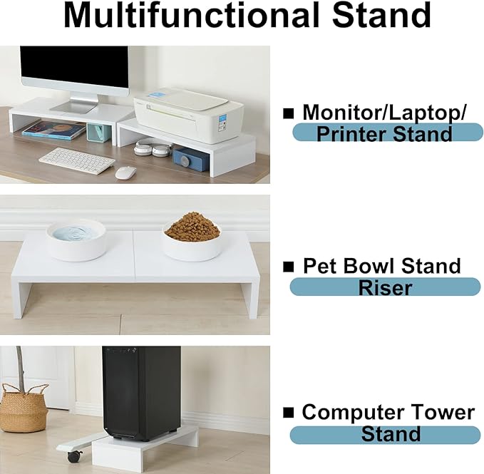 TEAMIX 2 Pack White Monitor Stand Riser - 20 inch, Wooden Desktop Stand for PC/TV/Laptop/Printer, Monitor Riser with Storage, Computer Stand with Keyboard Organizer-NeatNest