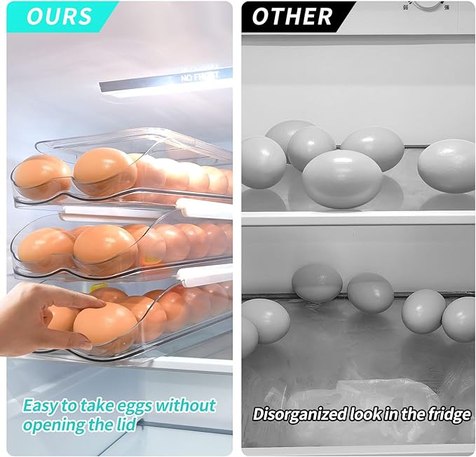 Egg Holder for Fridge, Automatic Rolling Egg Container for Refrigerator, Stackable Fridge Organizers and Storage with Lid, Clear Plastic Egg Dispenser,Bin & Tray (1 Tier)
