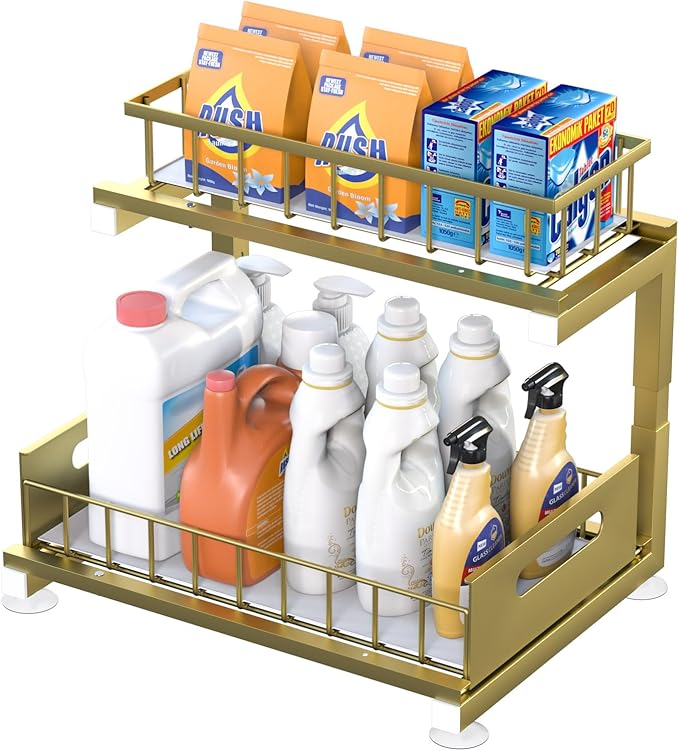 Under Sink Organizer Storage: Adjustable Height, 2 Tier L-Shaped Pull-Out Metal Shelf with Non-Slip Pads & Rust-Resistant Design Maximize Kitchen & Bathroom Cabinet Space-NeatNest