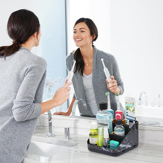 Chintu Toothbrush Holders for Bathroom Counter Organizer - 6 Slots Tooth Brushing Holder for Family Kids, Electric Toothbrush and Toothpaste Holder for Vanity Countertop Storage Black Marble-NeatNest