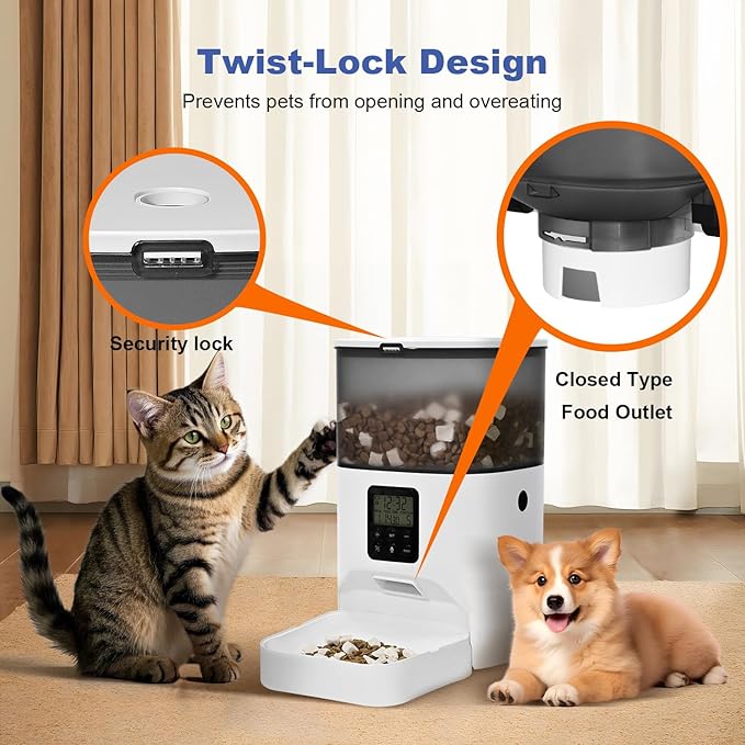 Automatic Cat Feeder, 4L Cat Food Dispenser with 10s Voice Recorder, Pet Feeder up to 8 Meals per Day, Timed Dog Feeder with Dry Food Sealed Ring (White, 4L-Basic)-NeatNest