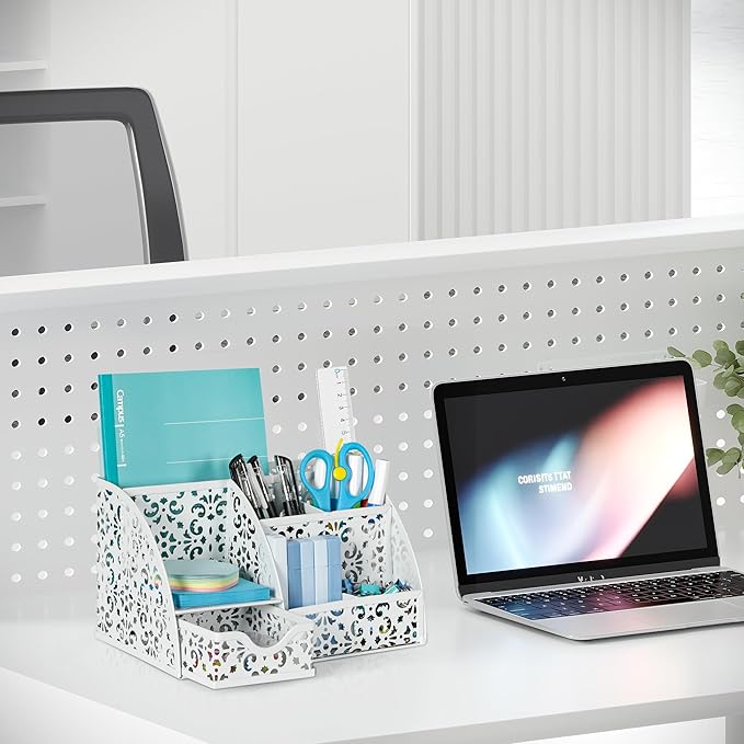EasyPAG Desk Organizer with Sliding Drawer - 6 Compartments Metal Desktop Caddy, Decorative Elegant Hollow Flower Design, Anti-Scratch Pads for Home, Office, School, White-NeatNest