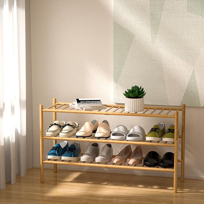 3-Tier Bamboo Long Shoe Rack, Free Standing Wood Shoe Shelf Storage Organizer for Closet Entryway Stackable 35"x11"x20" (Natural)-NeatNest