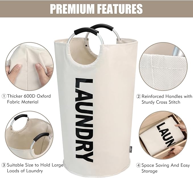 DOKEHOM 125L X-Large Laundry Basket, Collapsible Laundry Bag, Freestanding Tall Clothes Hamper, Foldable Washing Bin (Beige)-NeatNest
