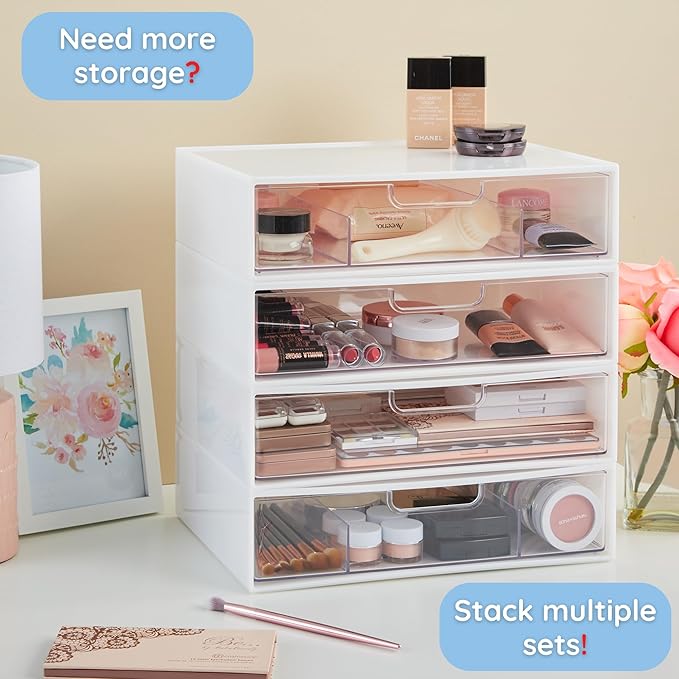 STORi 2 Tier Wide Stackable Kitchen Storage Drawers, White with Clear Bins with Handles, Drawer Organizers for Pantry, Bathroom Undersink, Cabinet Organization and Storage, 2 Drawer Pack, Made in USA-NeatNest