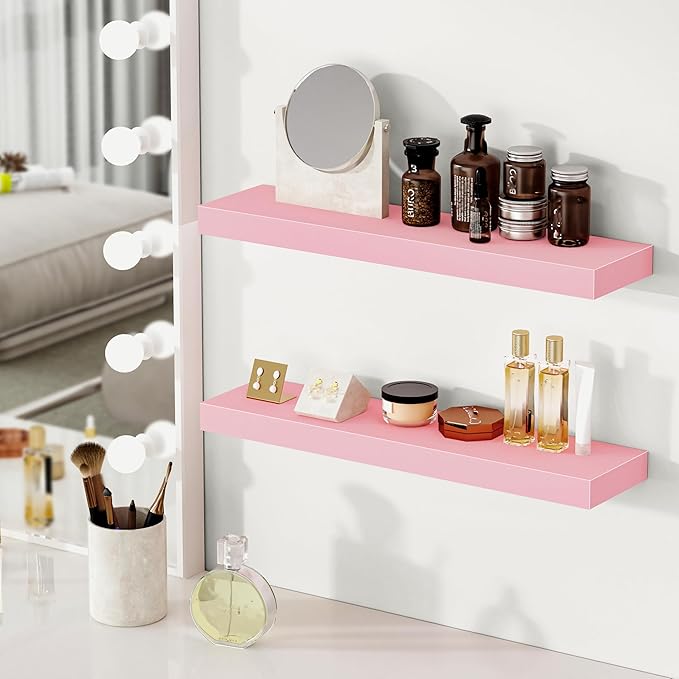 BAMEOS Pink Floating Shelves for Wall, 24" x 6" Wall Shelves for Room, Floating Book Shelves, Hanging Shelves for Bedroom, Bedroom, Living Room, Kitchen (Set of 2)-NeatNest