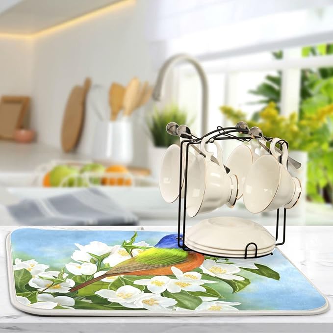 Absorbent Dish Drying Mat for Kitchen Counter - Peach Blossom Blue Hummingbird Microfiber Drying Pad, Reversible Drainer Mats for Countertop, Small 16" x 18"