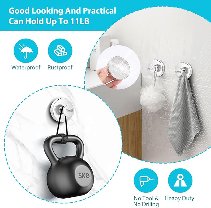 2pcs Suction Cup Hooks for Shower,Inside Shower,Wall,Bathroom,Bedroom,Kitchen,Door,Glass Window, Mirror, Tile, No Drilling Hanging for Towels,Robes,Loofah,hat,Clothing,Wreath (Chrome)