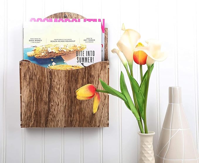 Juvale Rustic Wood Magazine Holder Wall Mount & File Organizer - 11.6 x 8.7 x 2 In Unfinished - Rustic Wall Baskets & Mountable Menu Holder